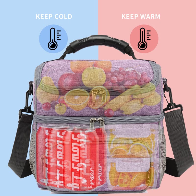 FlowFly Double Layer Cooler Insulated Lunch Bag Adult Lunch Box Large Tote Bag for Men, Women, With Adjustable Strap,Front Pocket and Dual Large Mesh Side Pockets,Purple - Image 2
